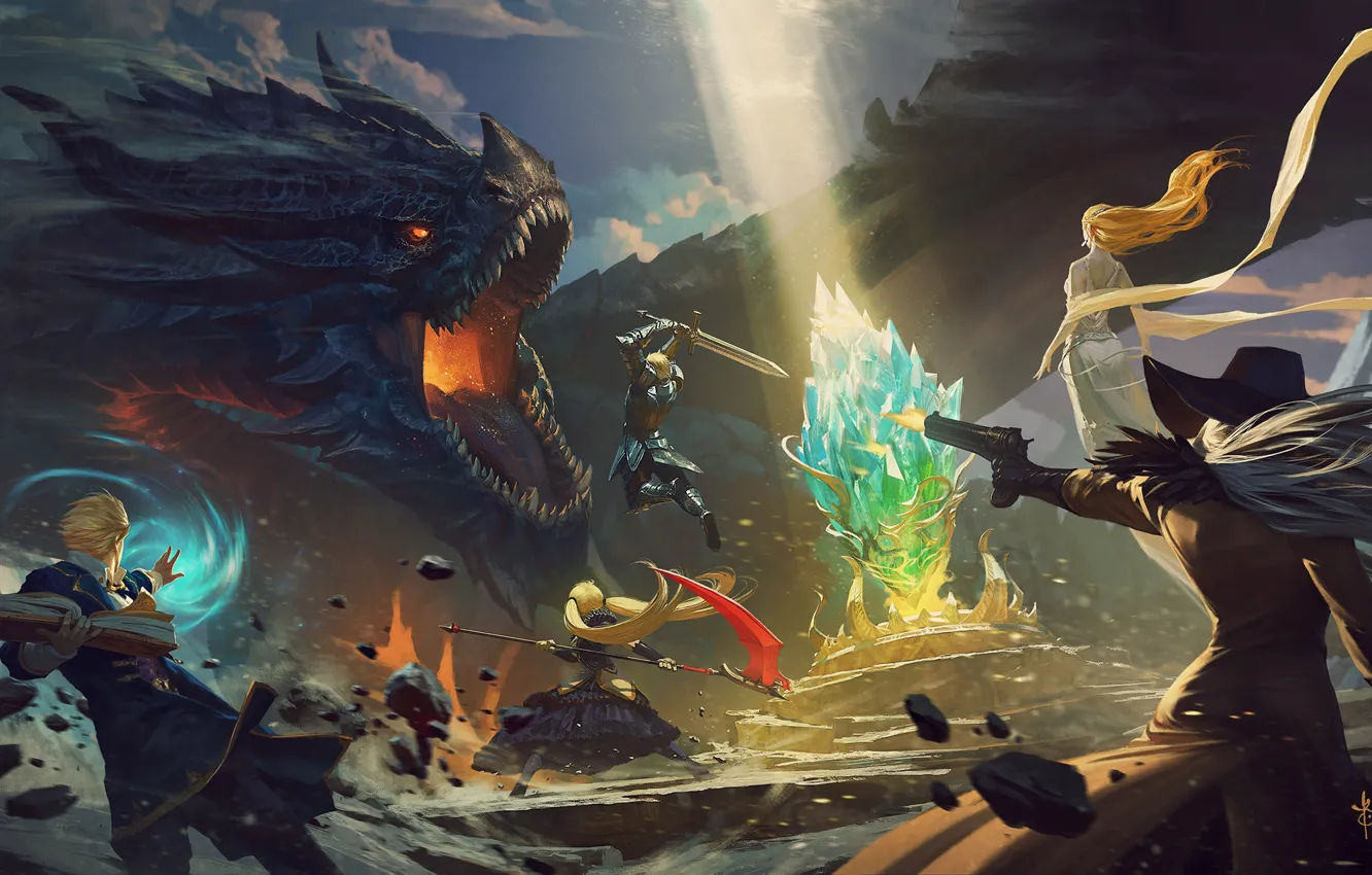 Photo wallpaper dragon, warrior, art, knight, action