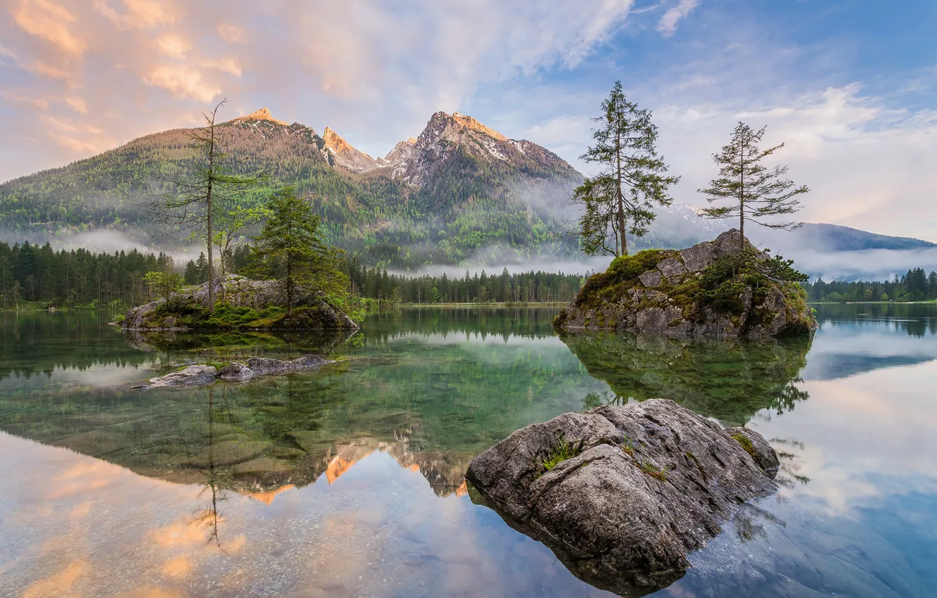 Photo wallpaper forest, water, trees, mountains, lake, river, rocks, the evening