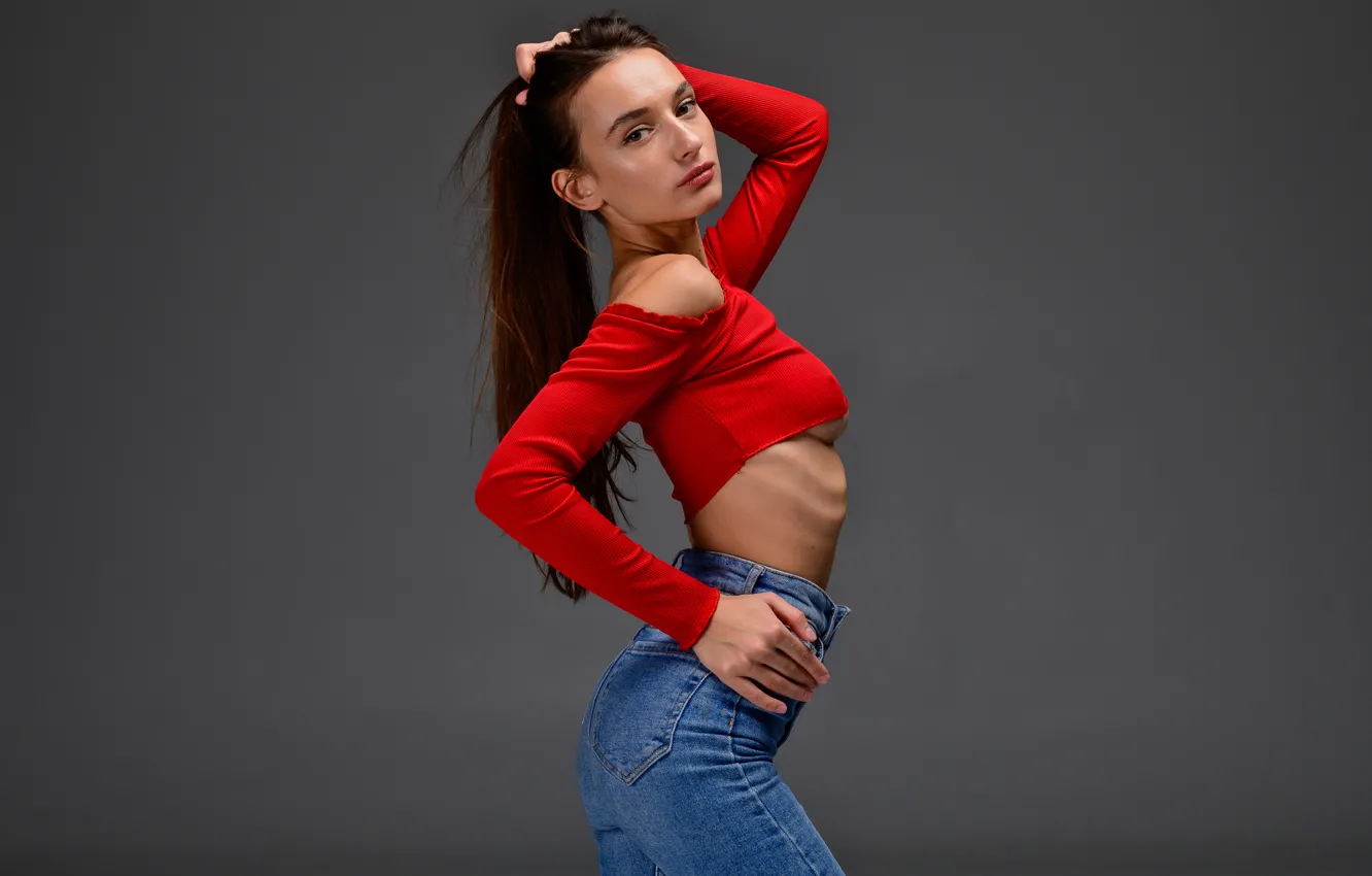 Photo wallpaper red, woman, eyes, brown, model, smooth, lips, jeans