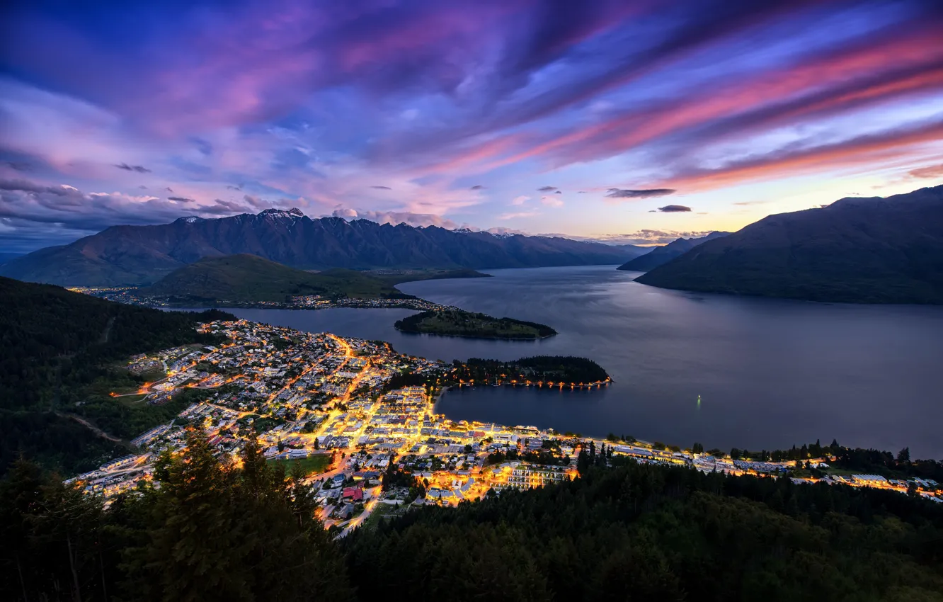 Photo wallpaper light, mountains, the city, lights, New Zealand, Queenstown