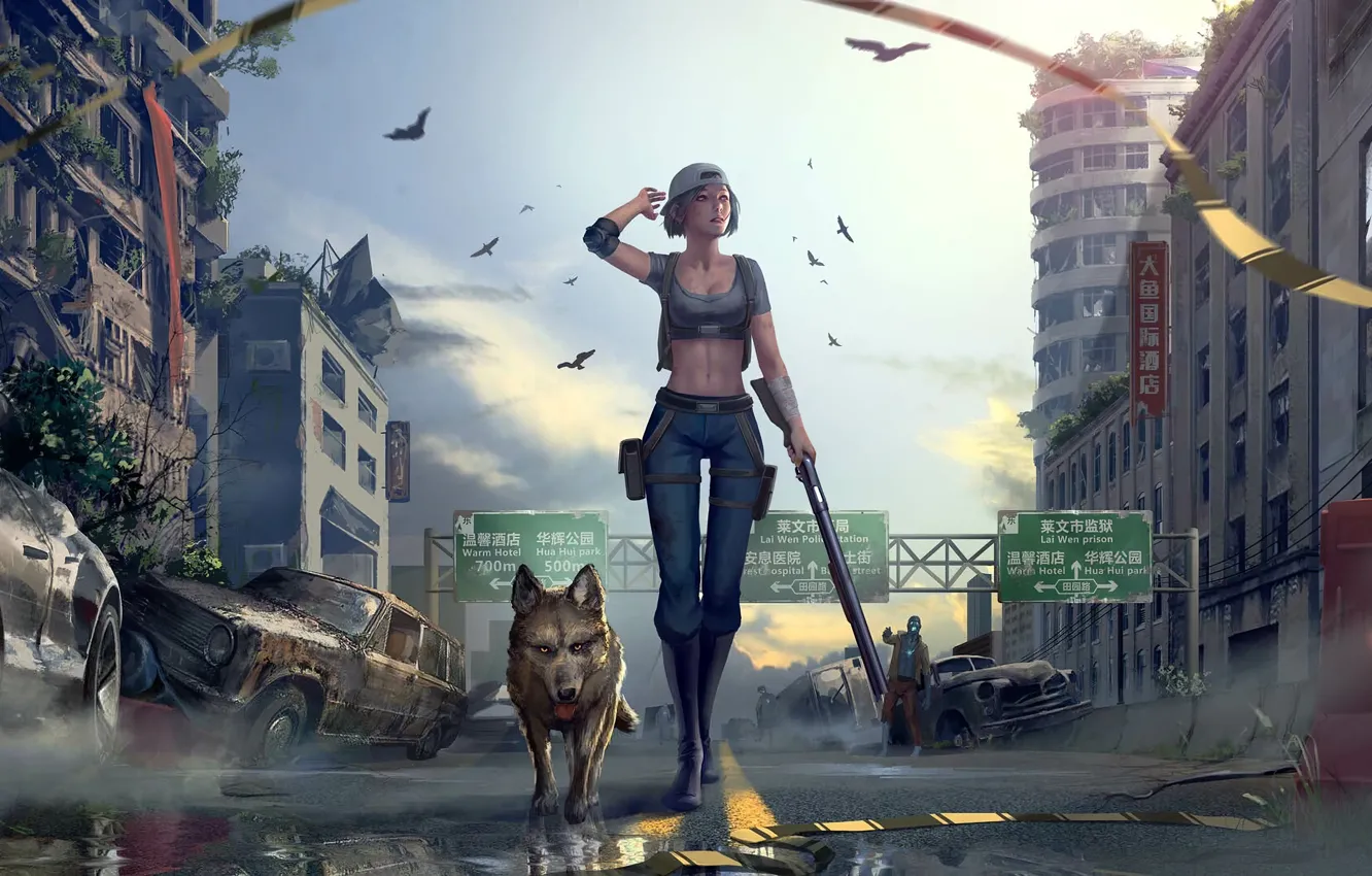 Photo wallpaper girl, birds, weapons, dog, girl, shotgun, poster, cars