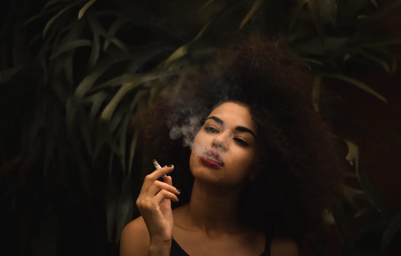 Photo wallpaper calm, green foliage, calmness, a puff of smoke, green foliage, girl with a cigarette, a …