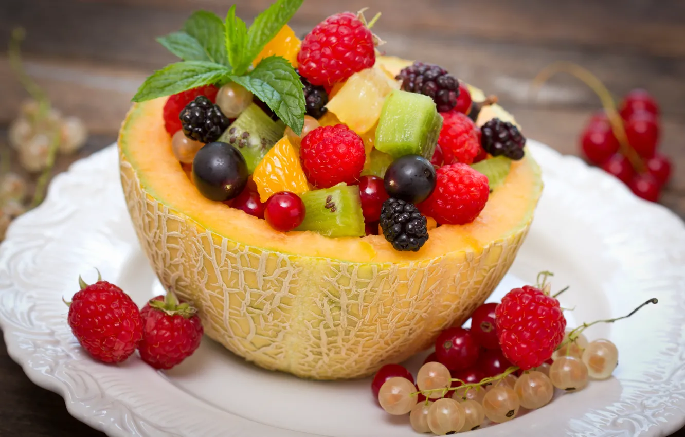 Photo wallpaper berries, raspberry, strawberry, fruit, currants, melon, salad, dessert