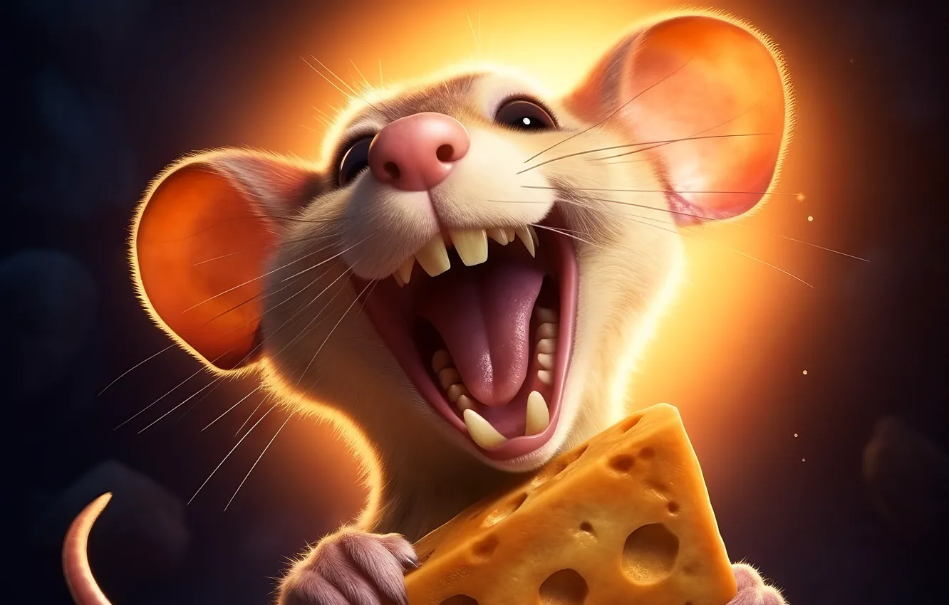 Photo wallpaper laughter, teeth, mouth, mouse, cheese, white, ears, face