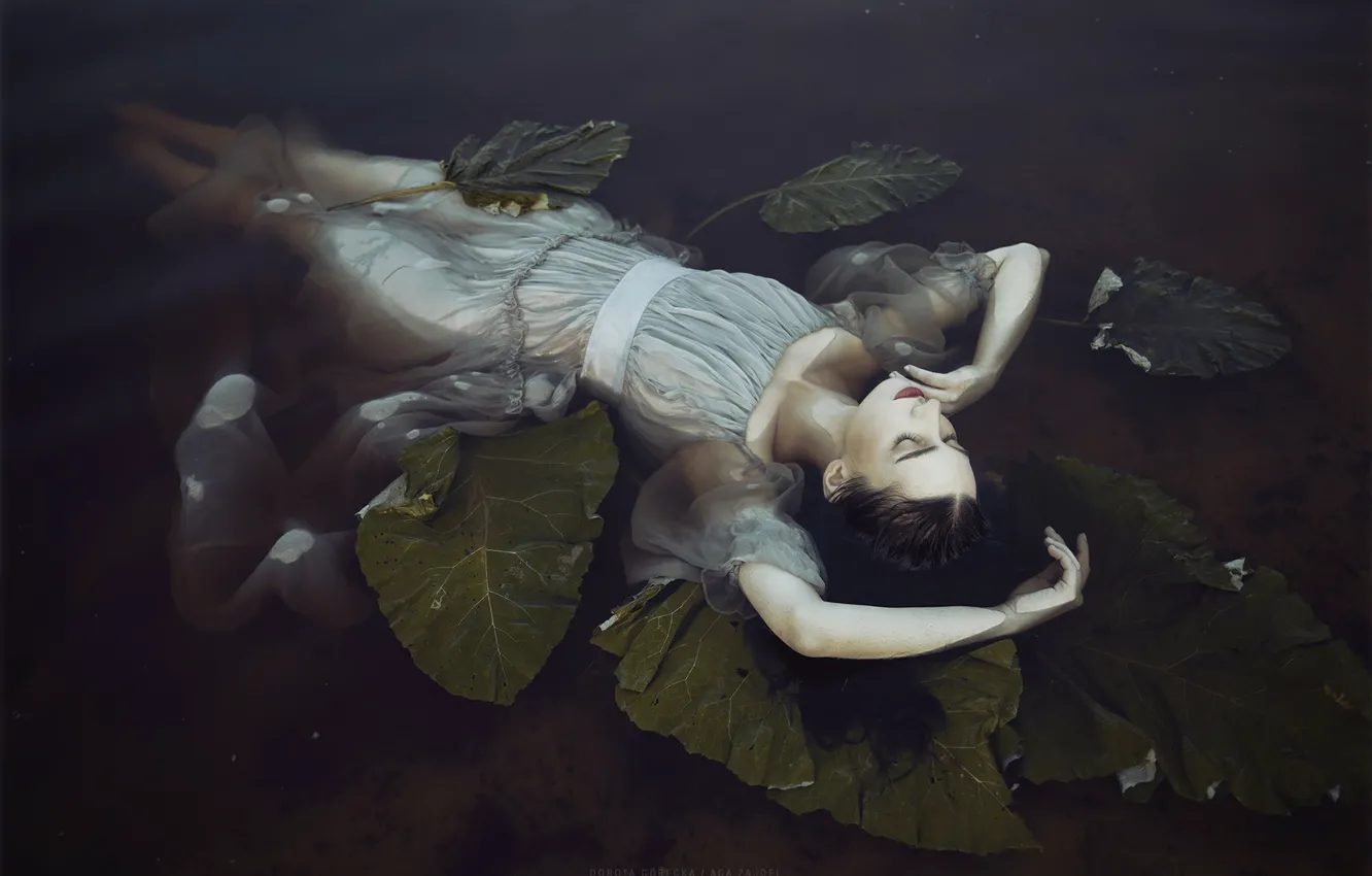 Photo wallpaper leaves, water, girl, pose, the situation, dress, Lila D. As