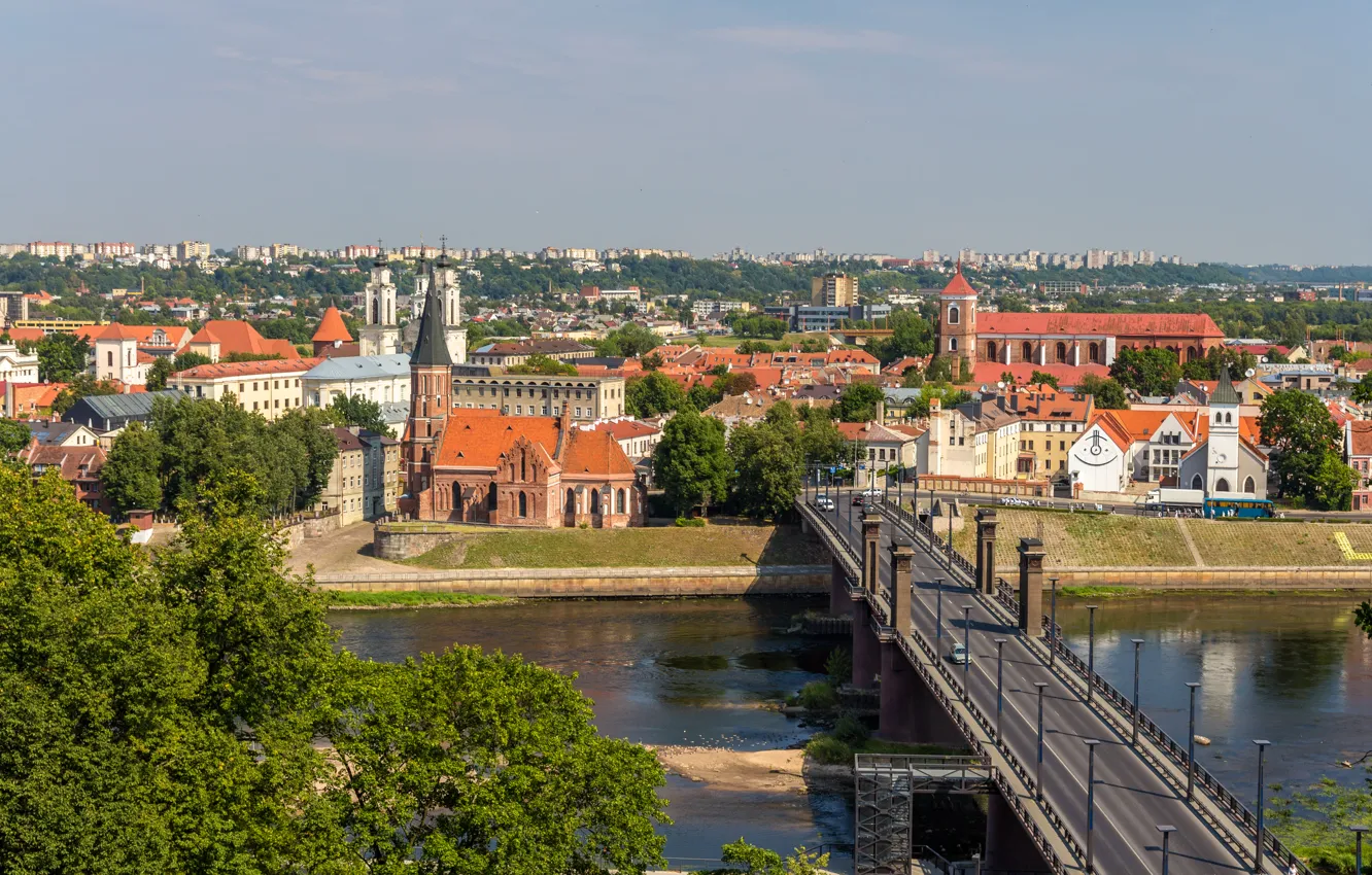 Photo wallpaper bridge, river, building, architecture, Lithuania, Kaunas