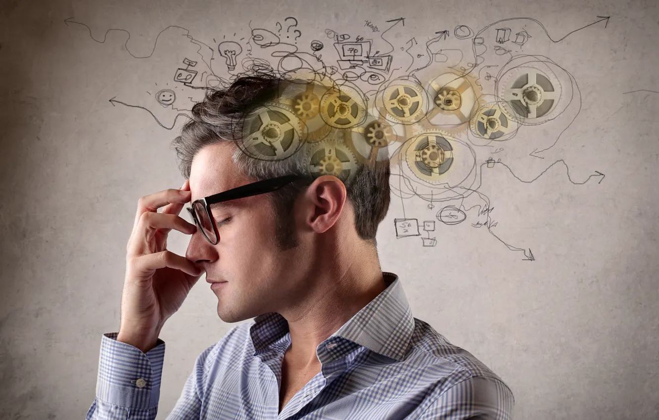 Photo wallpaper thoughts, glasses, gear, profile, male