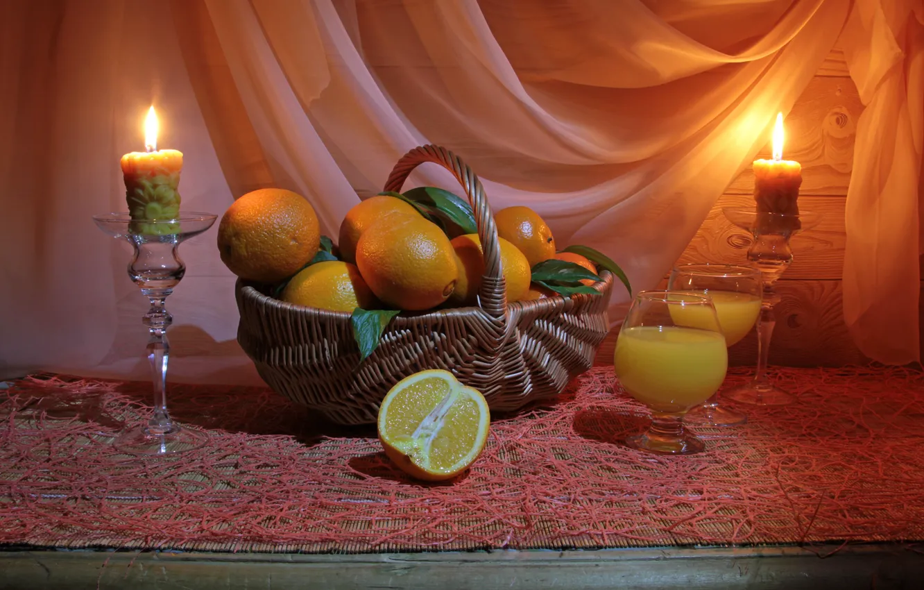 Photo wallpaper lights, table, basket, glass, orange, candles, juice, still life
