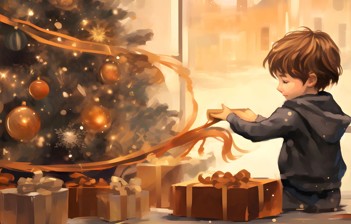 Photo wallpaper children, gift, tree, new year, boy, Christmas, Christmas tree, digital art