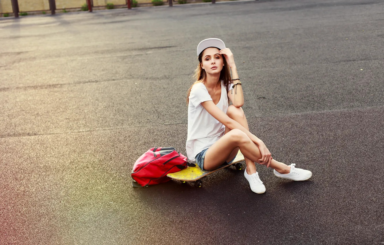 Photo wallpaper girl, sunset, skateboard, sitting, Pensive