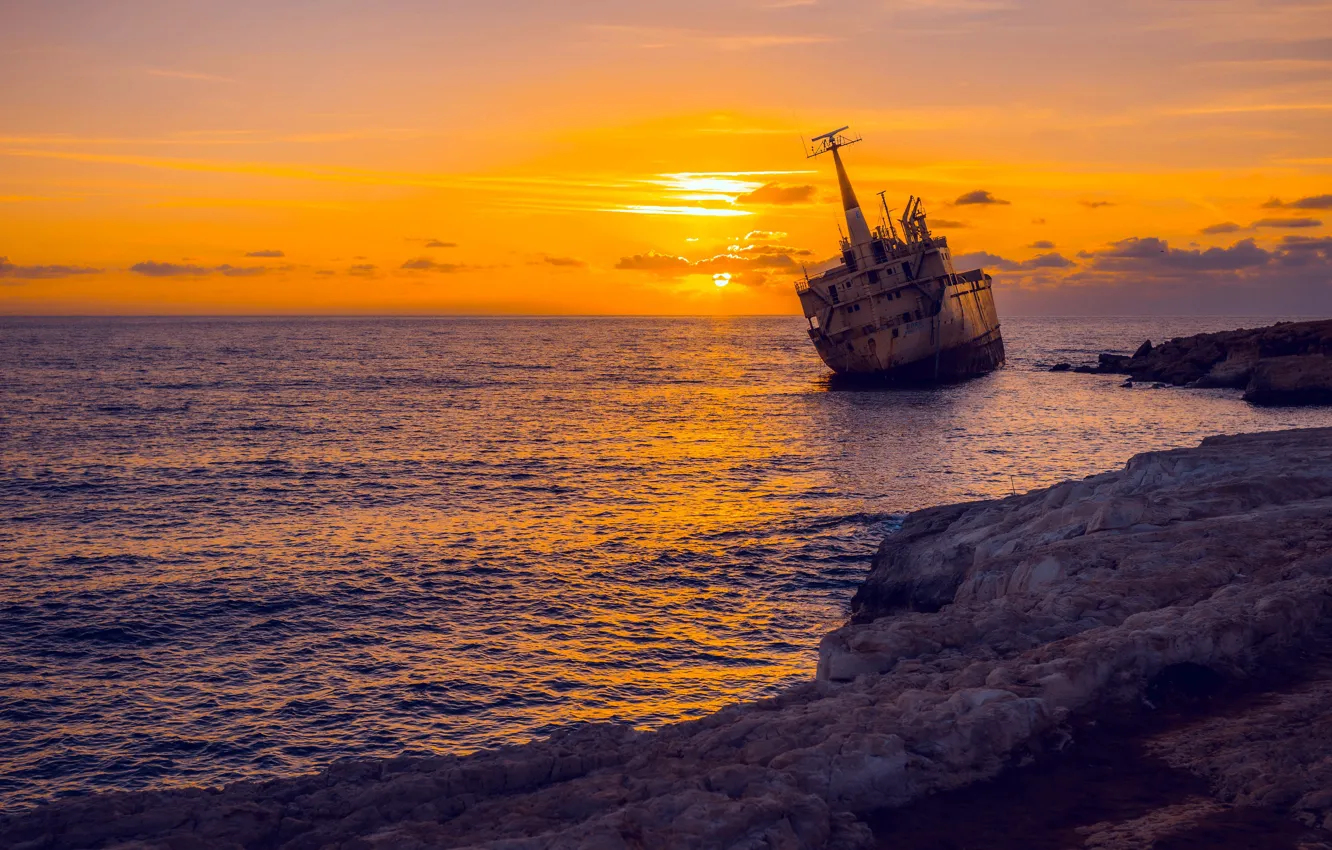Photo wallpaper sea, sunset, Cyprus, shipwreck, Abandoned
