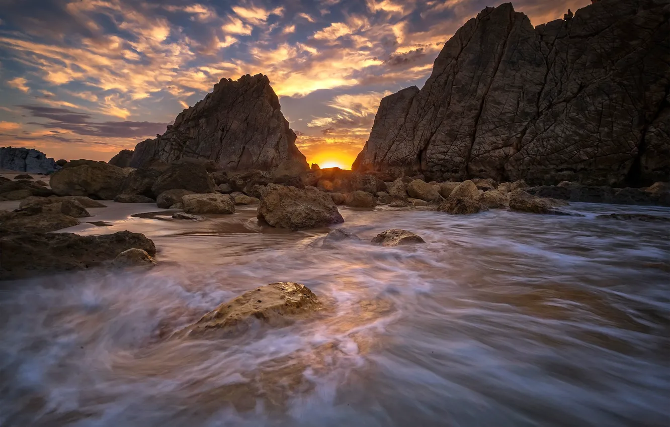 Photo wallpaper sea, sunset, rocks, glow