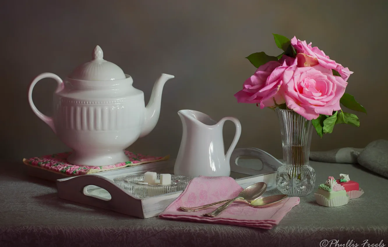 Photo wallpaper flowers, style, roses, kettle, spoon, sugar, cake, still life