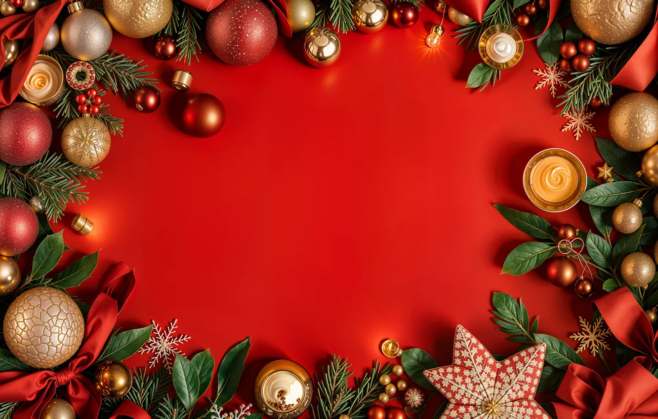 Photo wallpaper decoration, balls, new year, Christmas, golden, Christmas, balls, red background