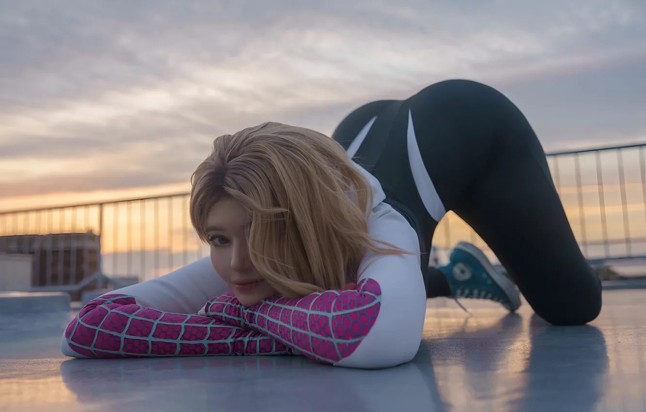 Photo wallpaper women, cosplay, Gwen Stacy, bare shoulders, women outdoors, Spider Gwen, Alina Becker