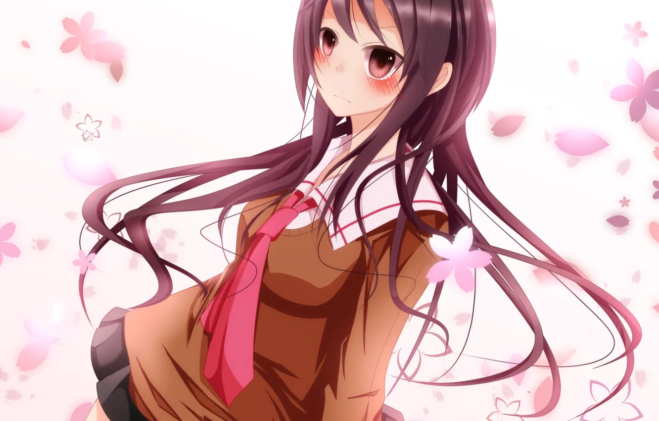 Photo wallpaper girl, flowers, anime, petals, art, tie, blush, schoolgirl