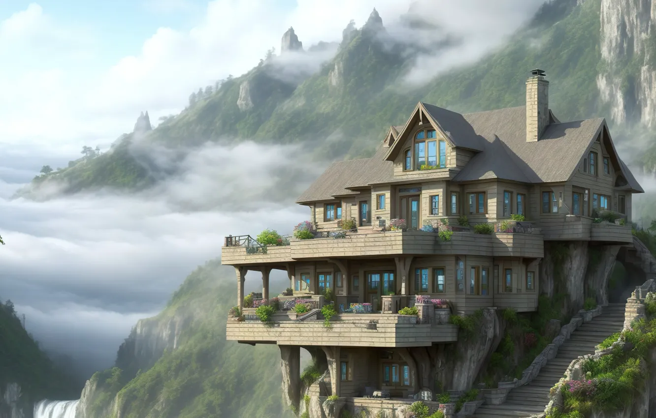 Photo wallpaper sky, landscape, art, fog, waterfall, digital art, cottage, cliff