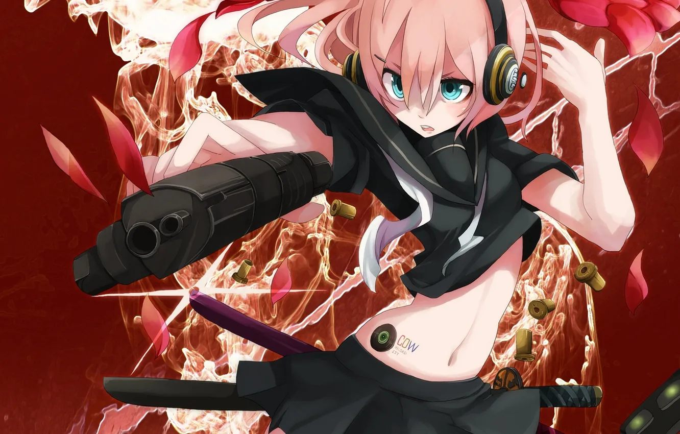 Photo wallpaper girl, flowers, gun, weapons, smoke, anime, headphones, art
