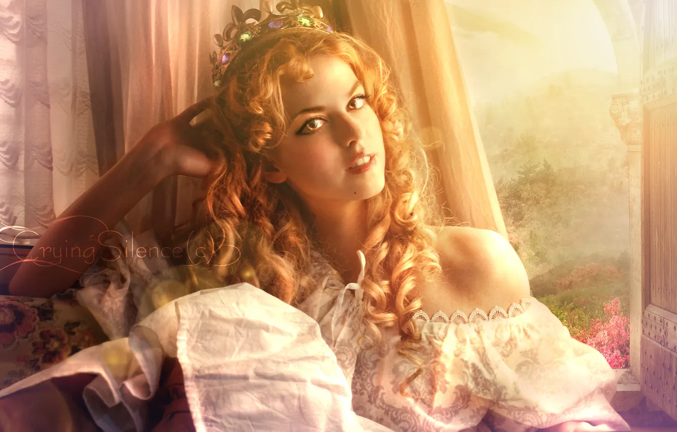 Photo wallpaper summer, grass, look, girl, flowers, face, crown, dress