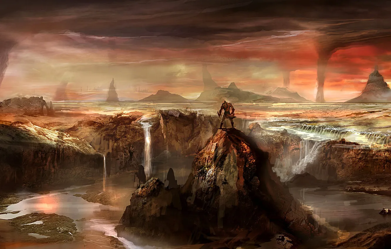 Photo wallpaper landscape, mountains, river, rocks, people, waterfall, god of war 3