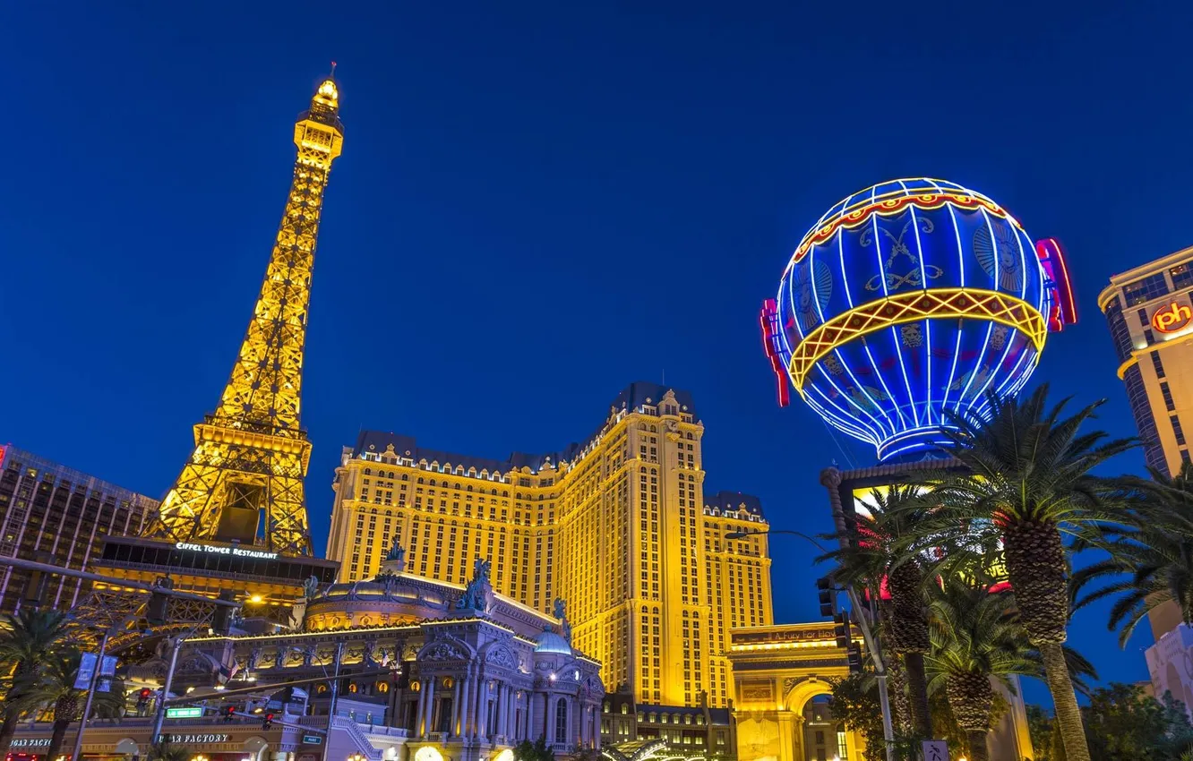 Photo wallpaper night, lights, tower, Las Vegas, USA, Nevada, casino