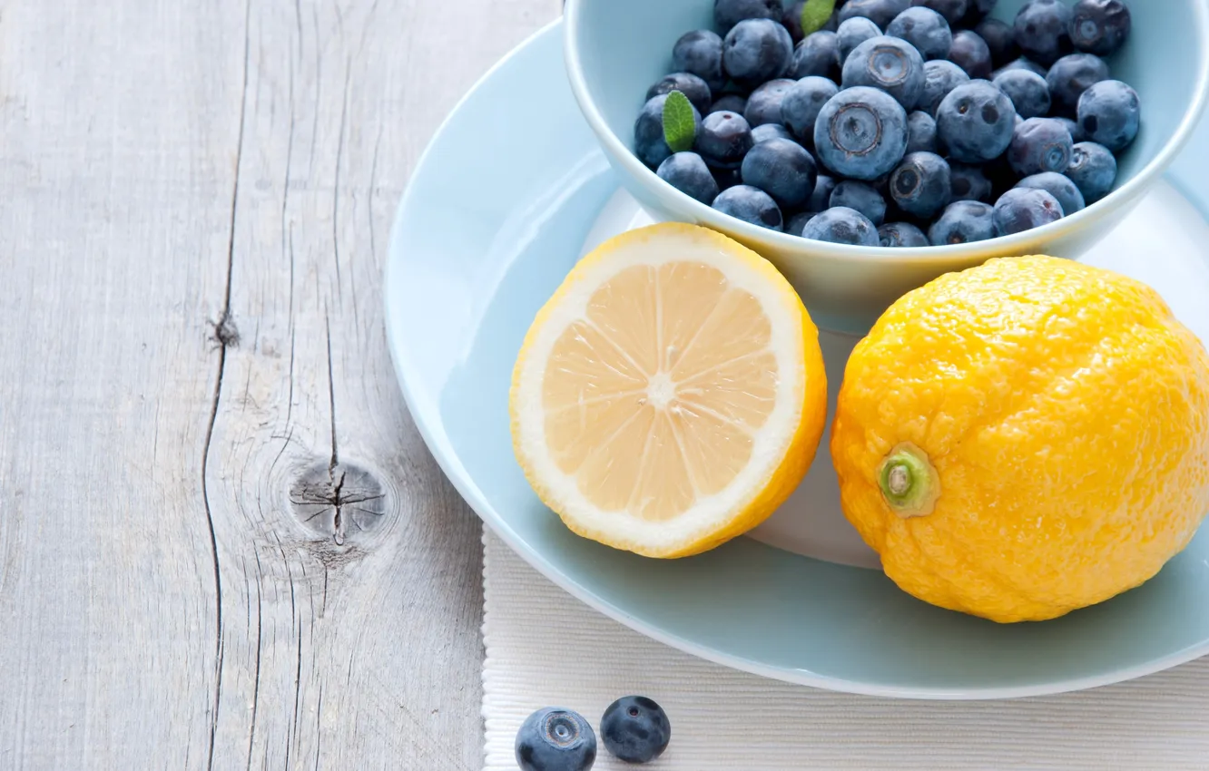 Photo wallpaper berries, blueberries, plate, fruit, citrus, lemons