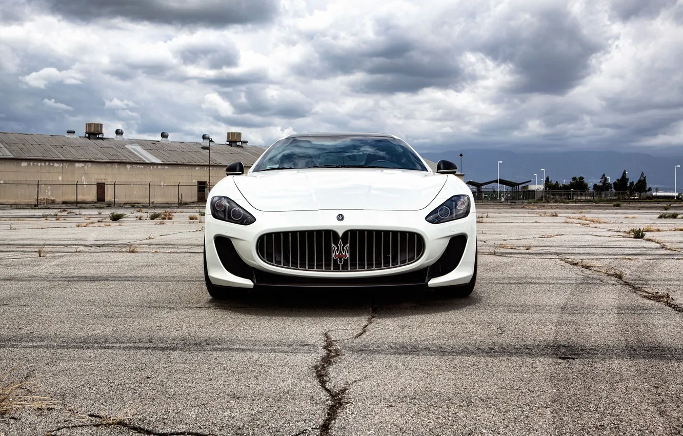 Photo wallpaper white, asphalt, Maserati, white, GranTurismo, Maserati, the front, MC Road