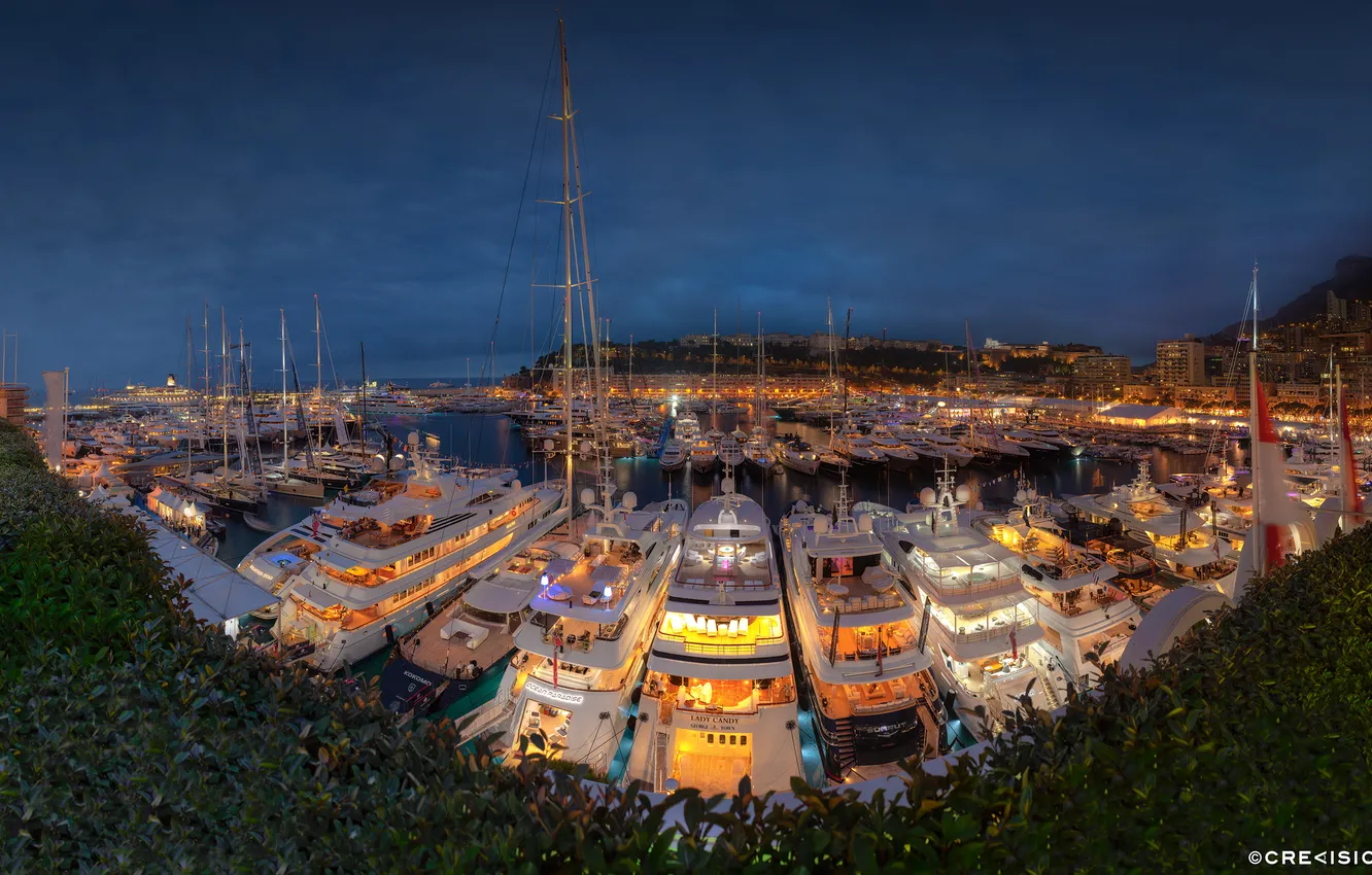 Photo wallpaper Monaco, panorama, night, yacht, port, Monte Carlo, hercule, yacht show