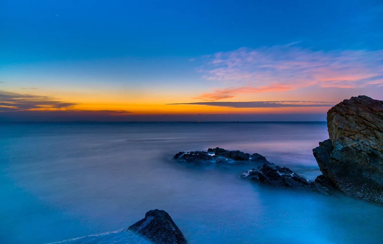 Photo wallpaper landscape, the ocean, rocks, dawn, horizon