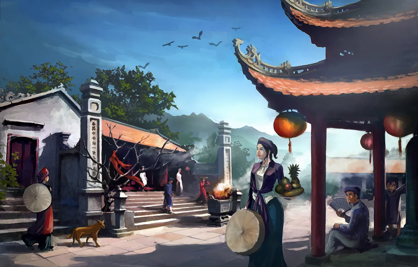 Photo wallpaper the sky, bird, people, Japan, art, Japan, painting, people