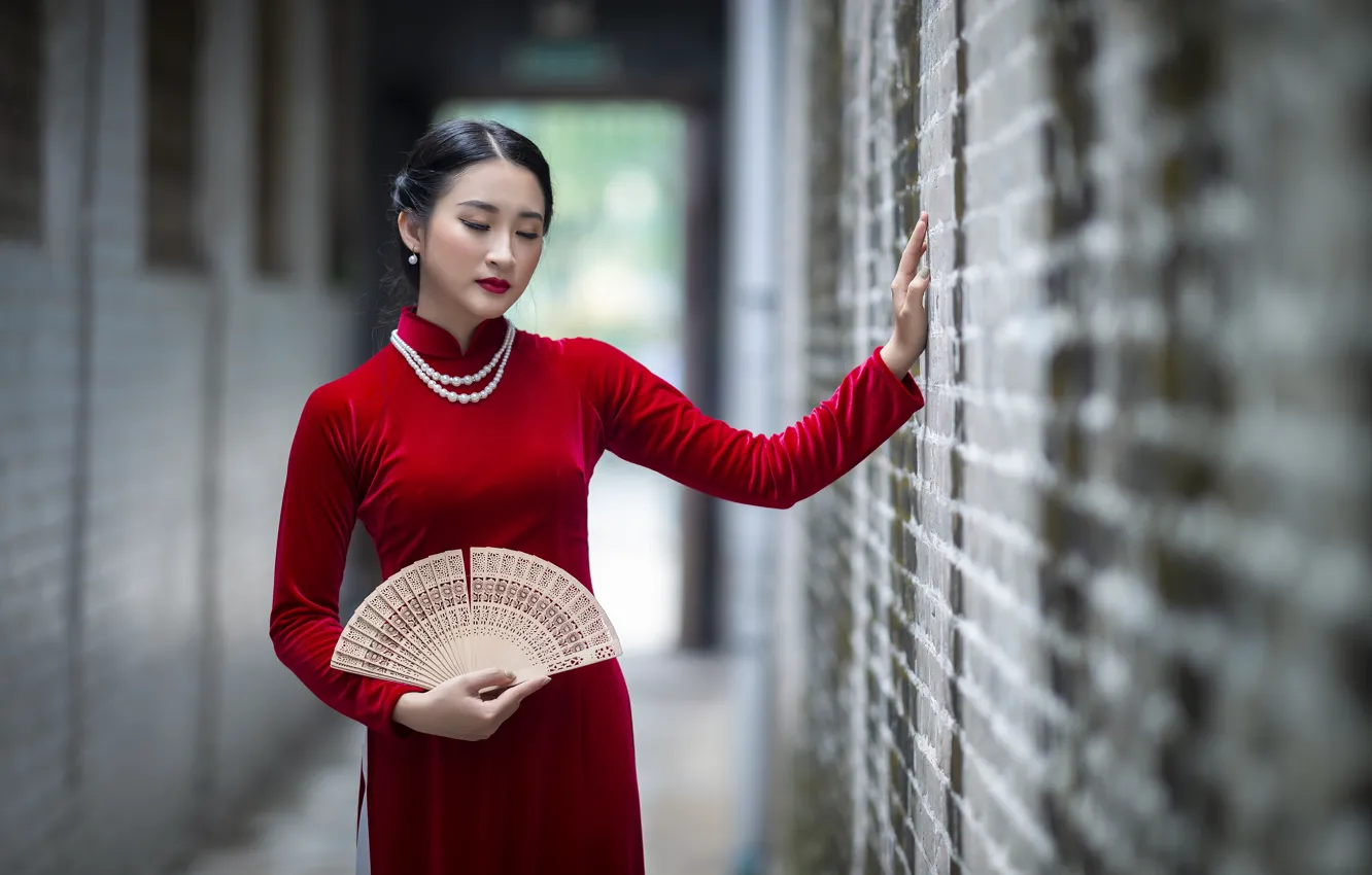 Photo wallpaper girl, nature, fan, Asian, red dress