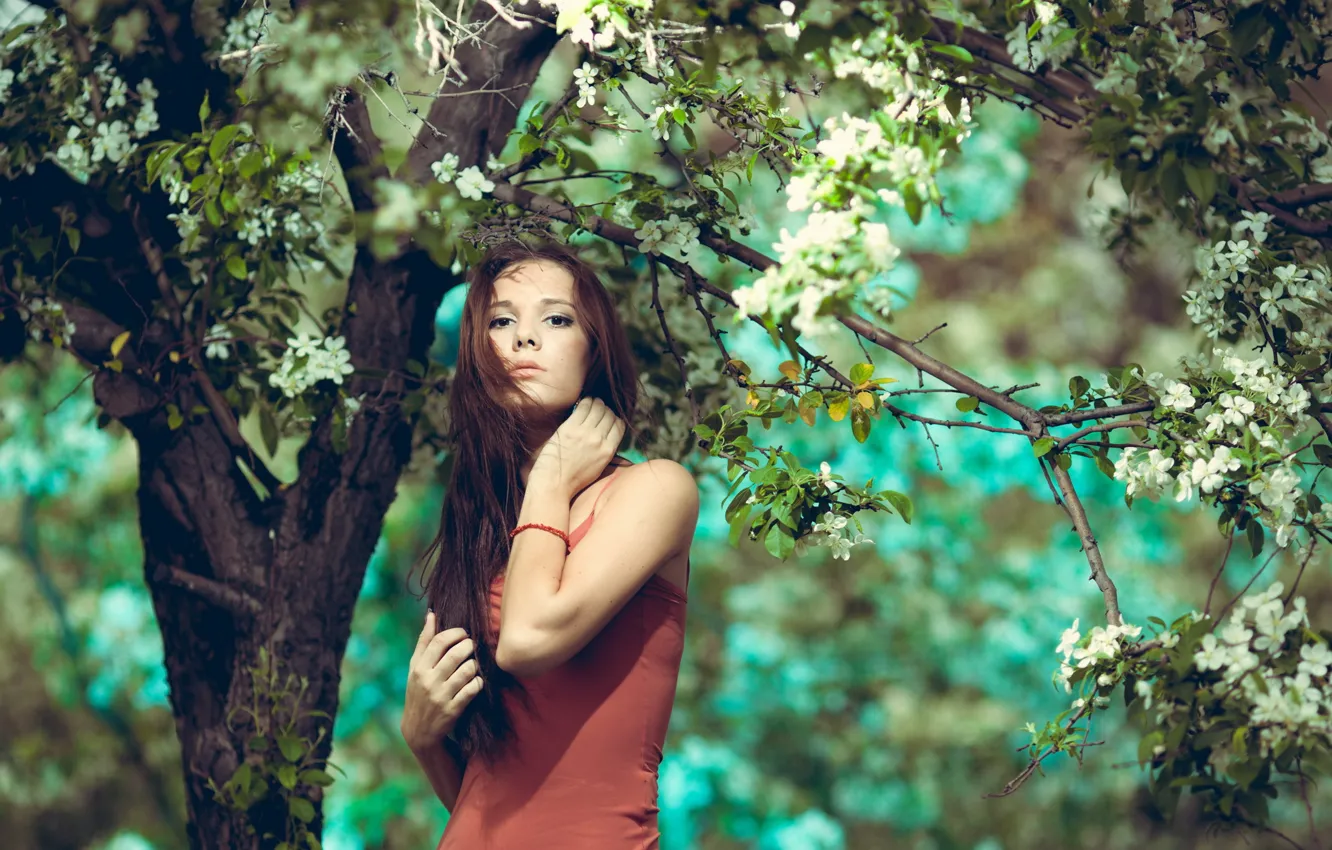 Photo wallpaper girl, tree, garden