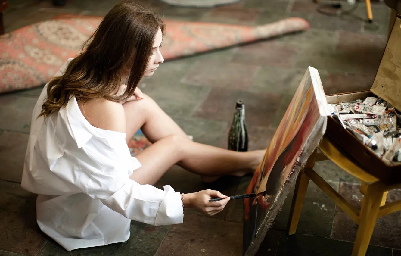 Photo wallpaper girl, paint, picture, shirt, legs, creativity, brush, canvas