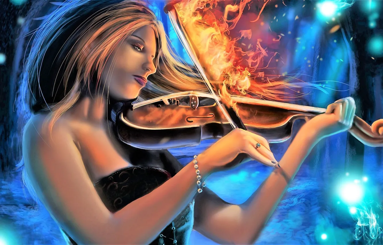 Photo wallpaper girl, fire, violin