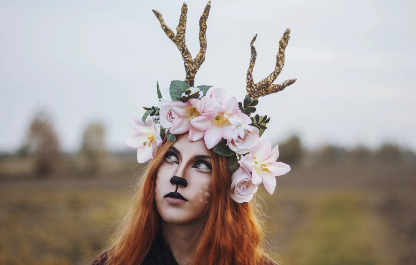 Photo wallpaper girl, flowers, face, makeup, horns, brown hair