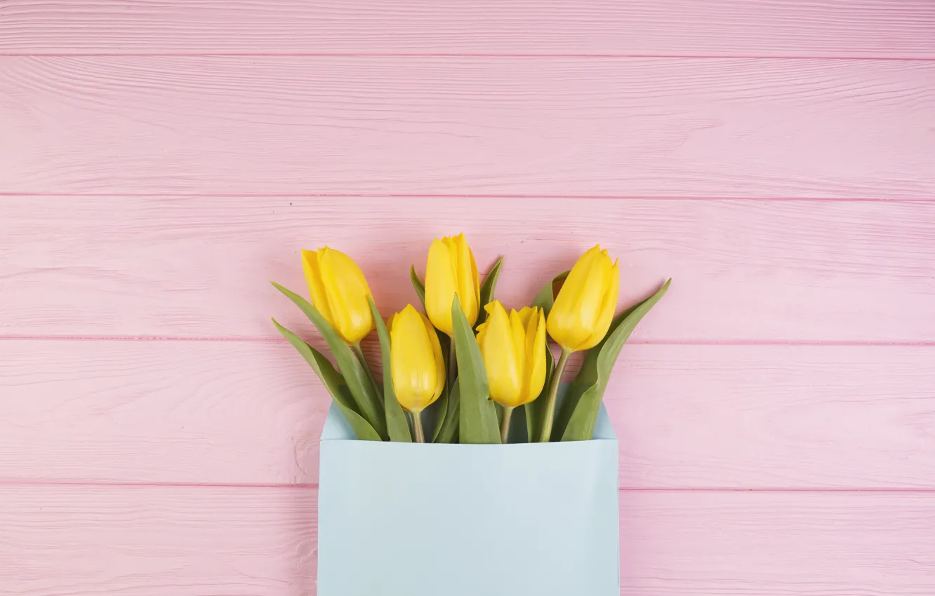 Photo wallpaper flowers, bouquet, yellow, tulips, fresh, yellow, wood, pink