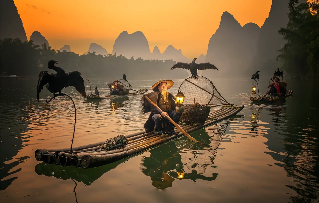 Photo wallpaper boat, fisherman, China, cormorants, Guangxi