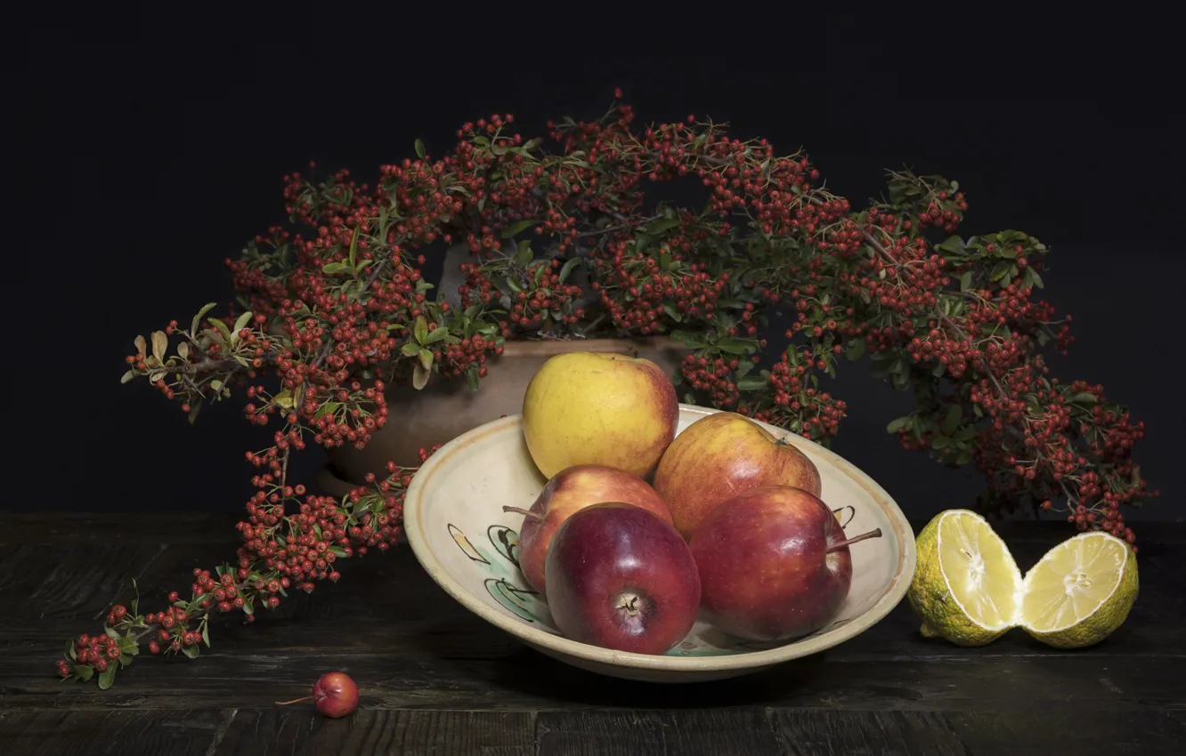 Photo wallpaper photo, Branches, Plate, Rowan, Apples, Food, Lemons