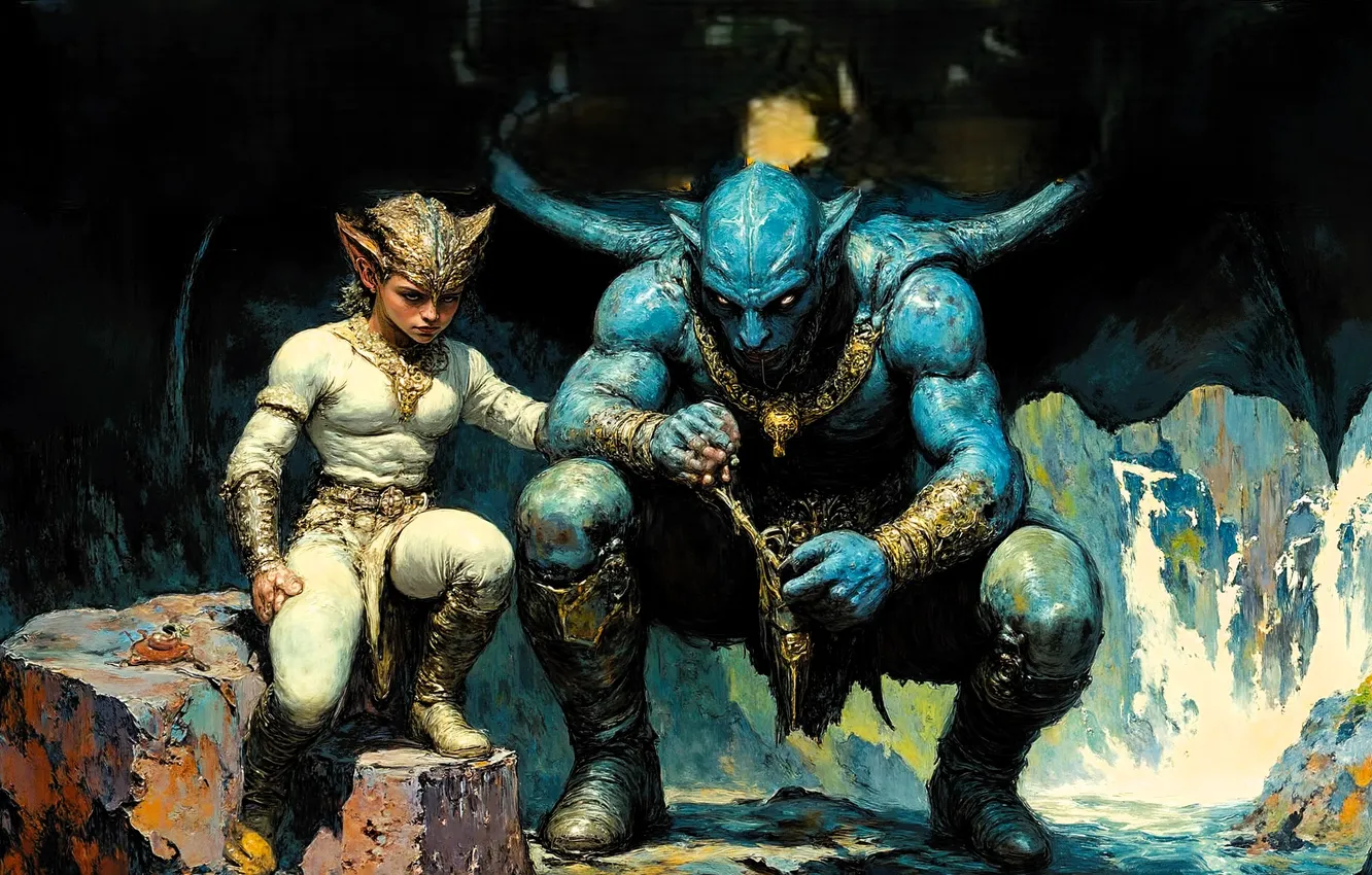 Photo wallpaper stones, child, horns, cave, demons, AI art