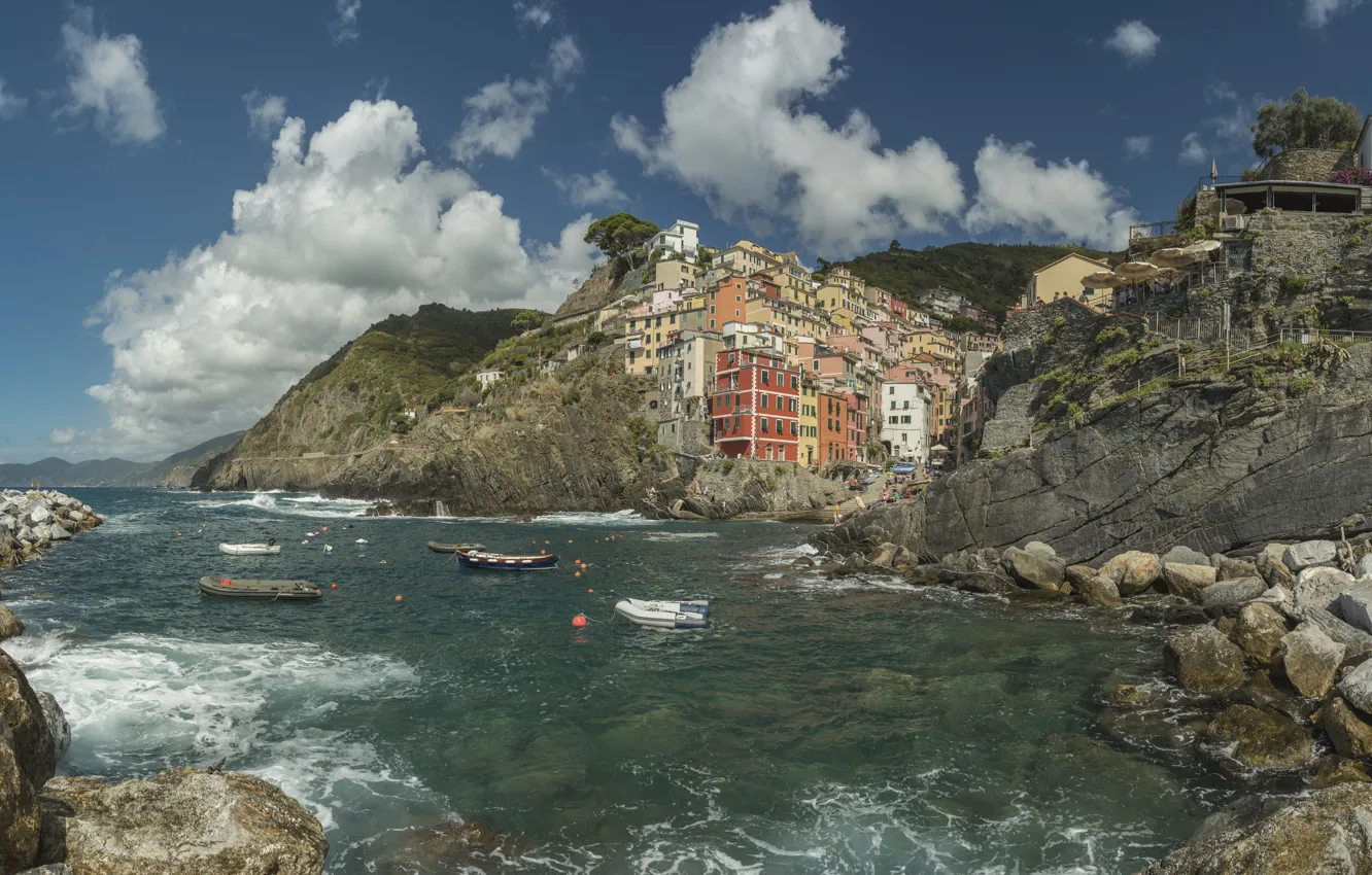 Photo wallpaper sea, landscape, the city, rocks, shore, home, boats, Italy