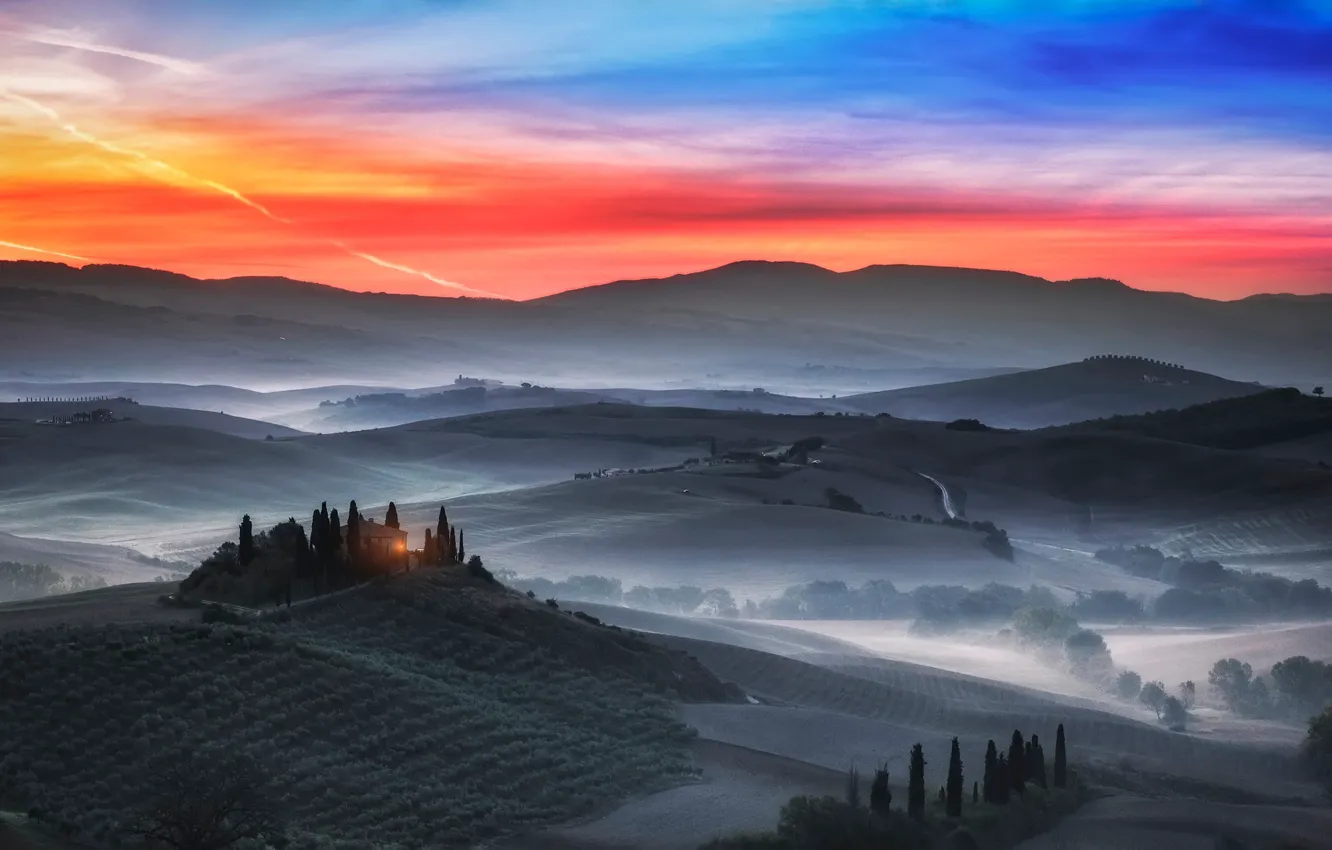 Photo wallpaper fog, field, the evening, morning, Italy, haze, Tuscany