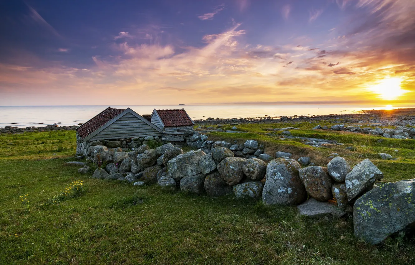 Photo wallpaper sunset, stones, coast, Norway, Rogaland, sheds