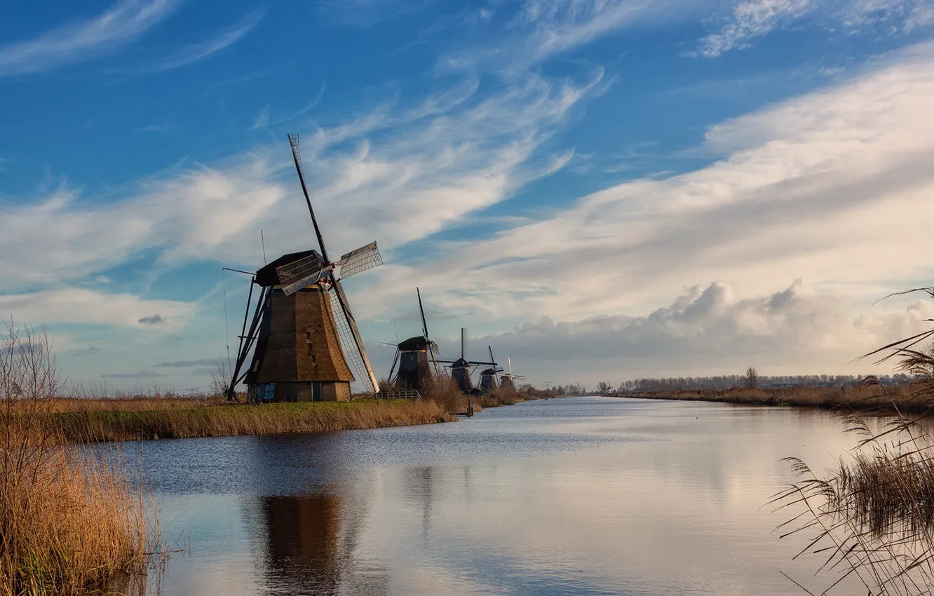 Photo wallpaper channel, Netherlands, windmill