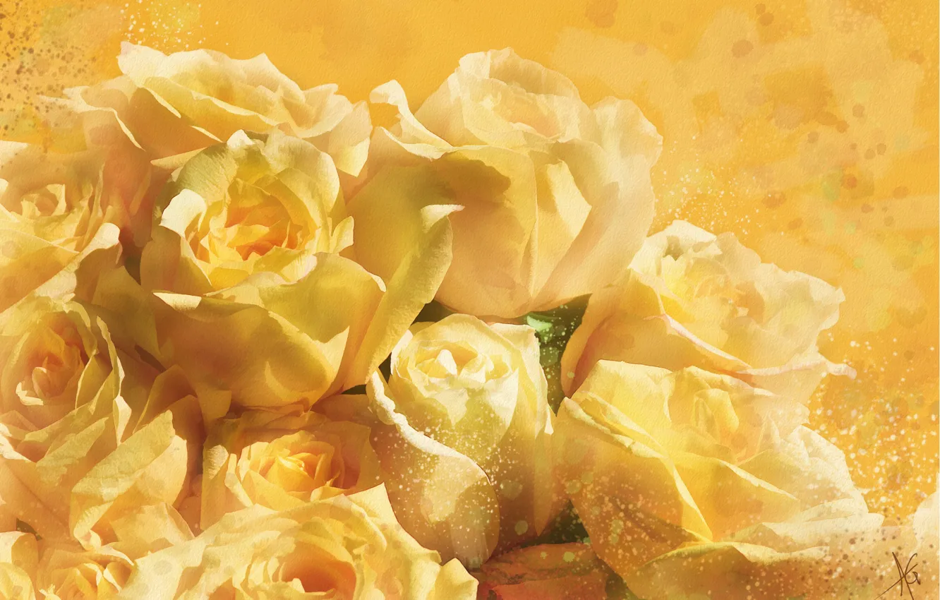 Photo wallpaper flowers, yellow, background, figure, graphics, roses, treatment, picture