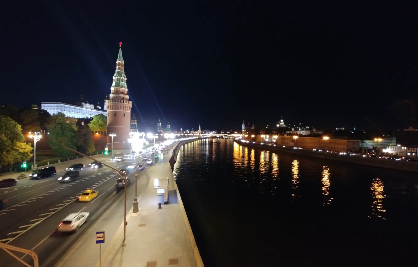 Photo wallpaper Moscow, night city, the Moscow river, Moscow at night
