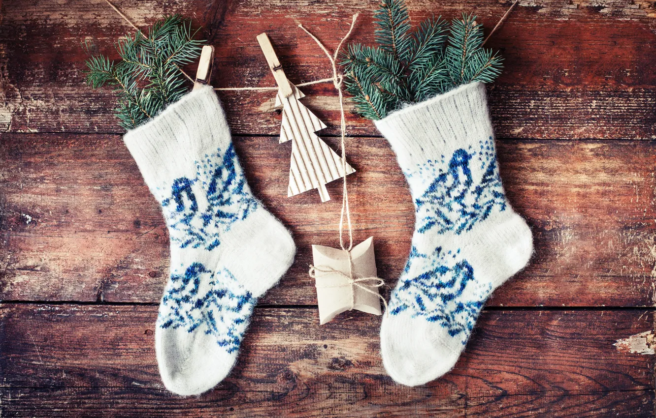 Photo wallpaper socks, new year, spruce, decoration, toy