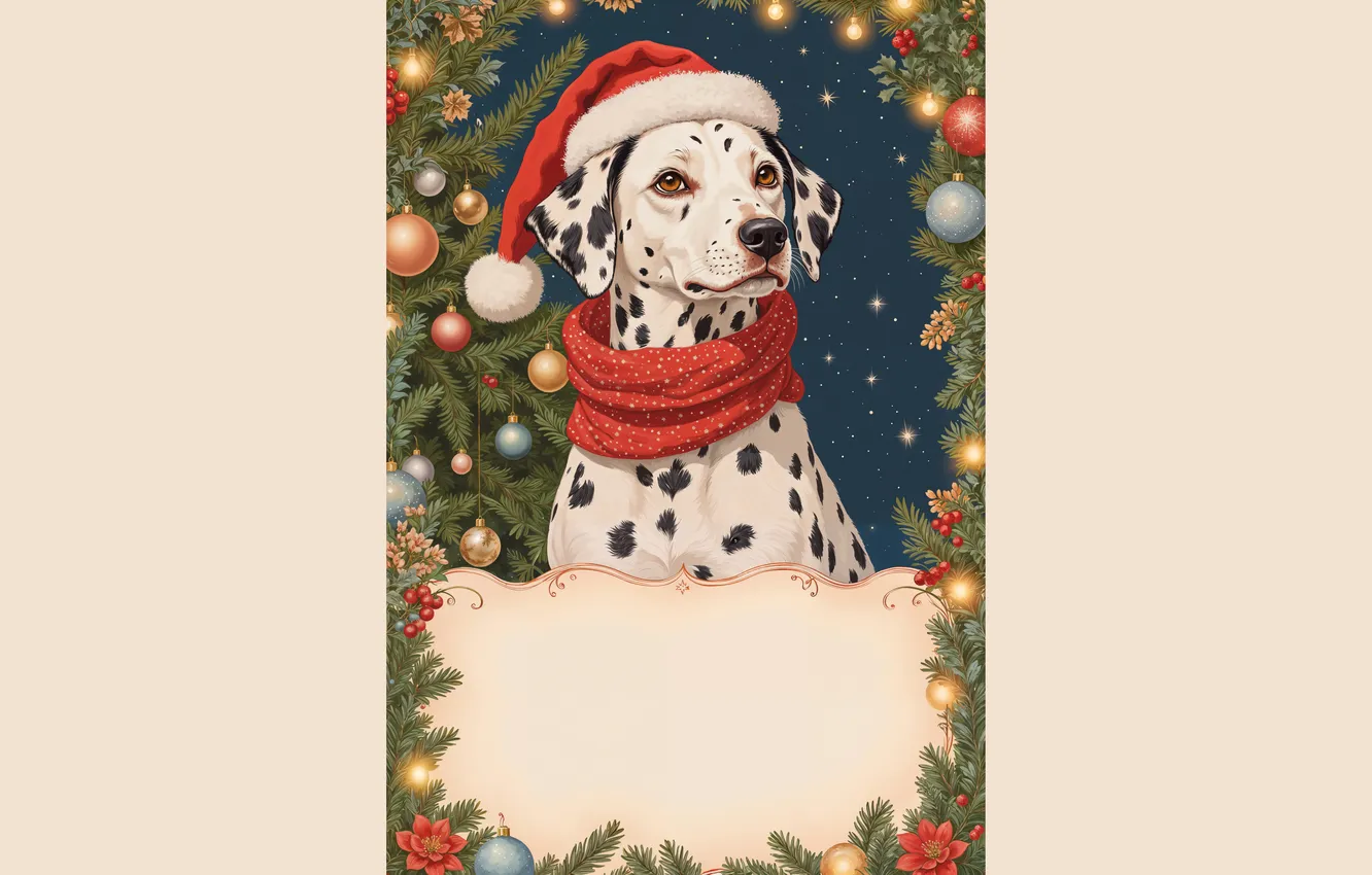 Photo wallpaper look, balls, new year, dog, frame, scarf, Christmas, Dalmatians