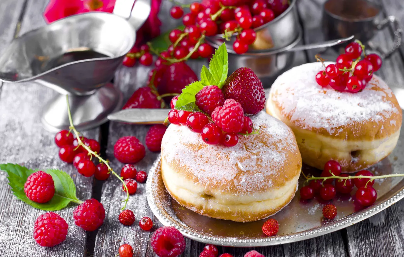 Photo wallpaper berries, raspberry, strawberry, donuts, currants, syrup