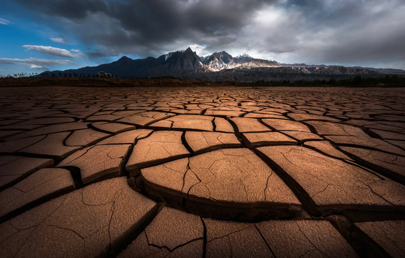Photo wallpaper the sky, clouds, mountains, clouds, cracked, rocks, earth, desert
