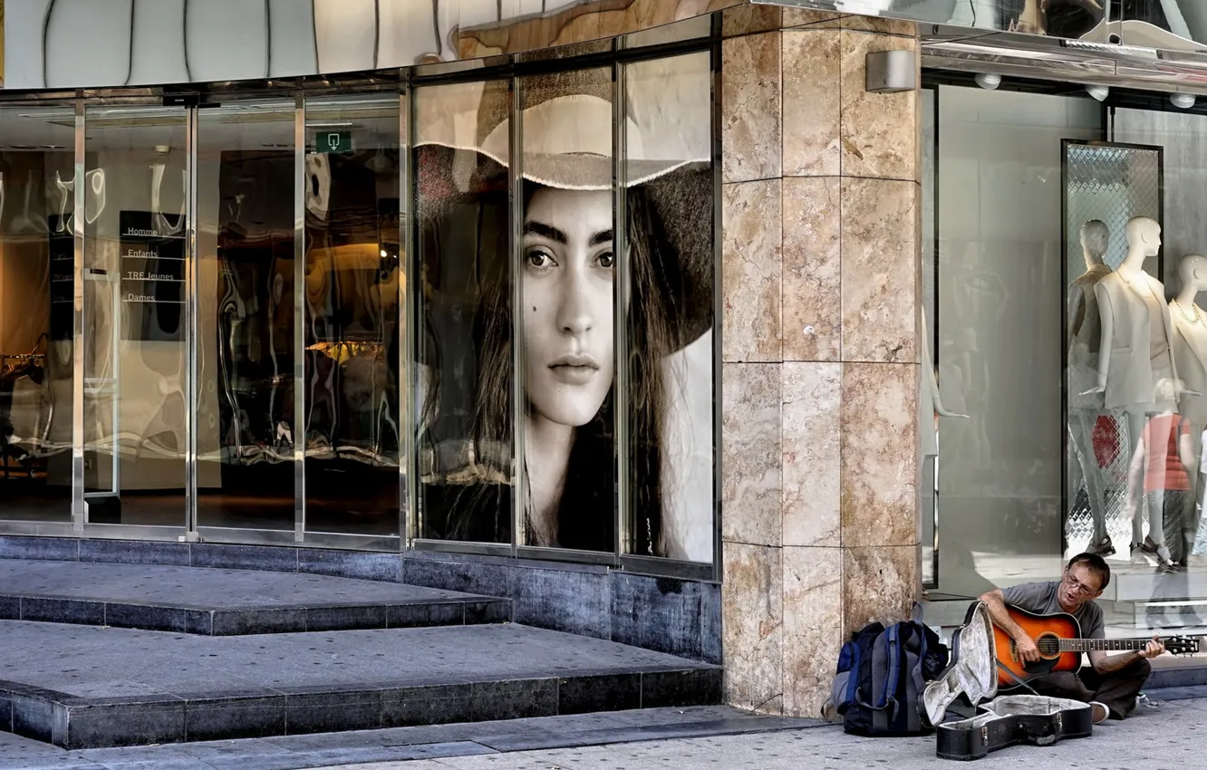 Photo wallpaper the city, music, street, people, guitar